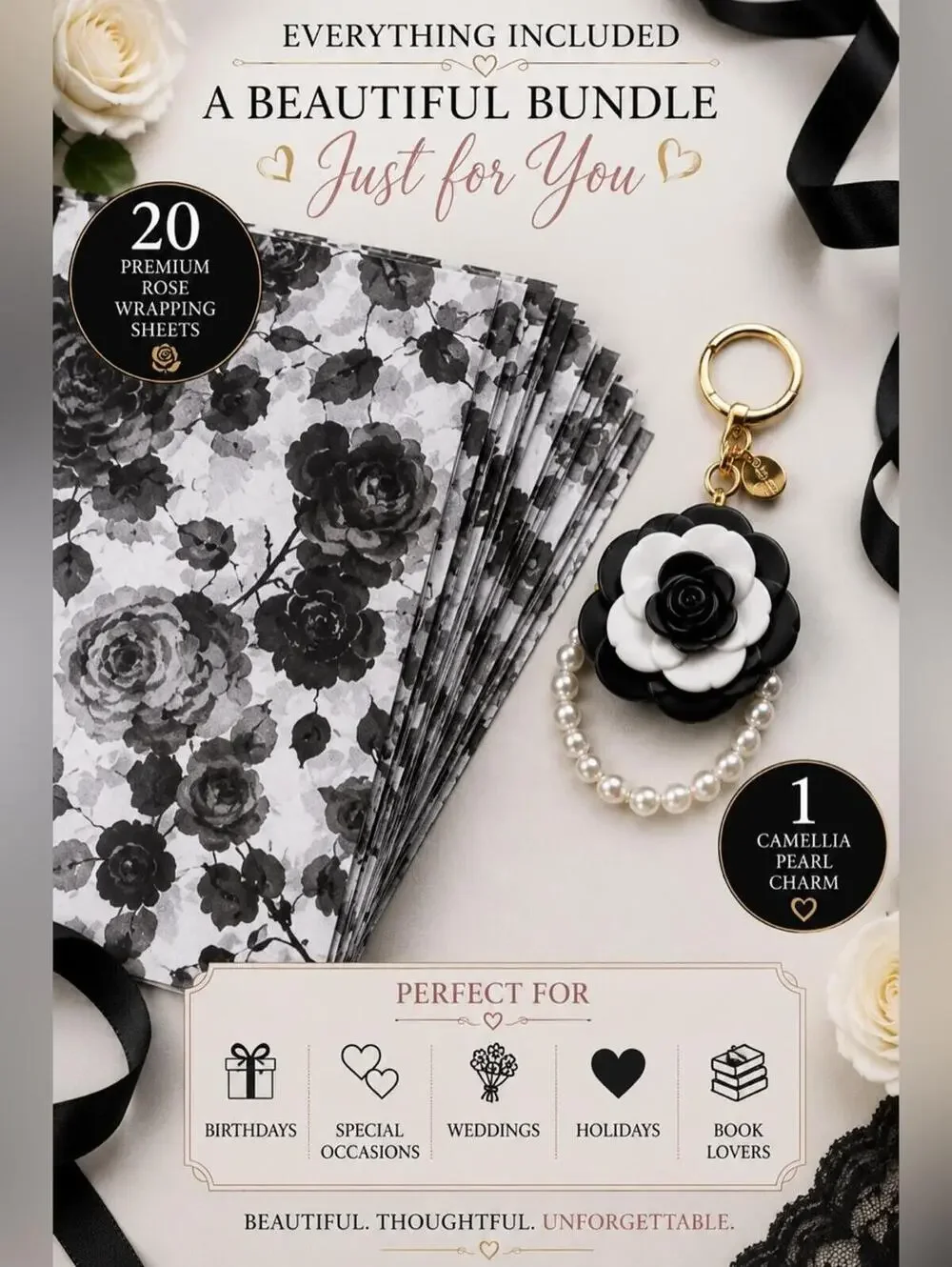 Dark Romance Gift Wrap Bundle 20 Rose Sheets Purse Charm Keychain